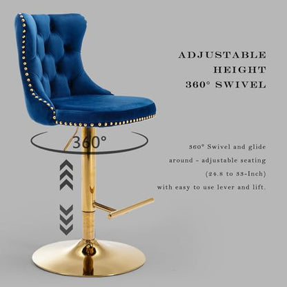Velvet Bar Stool Set of 2, Adjustable Swivel Bar Stools with Gold Plated Metal Leg, Button Tufted, Footrest, Chrome Nailhead, Counter Height Chair for Kitchen, Bar, Dining Room (Blue) - color: Blue-gold Leg, size: Set of 2
