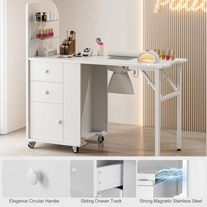 Foldable Nail Desk Manicure Table, Folding Nail Table Station for Nail Tech w/Dust Collector, 2 Open Shelves & 2 Drawers, Foldable Manicure Desk w/Wrist Cushion, Lockable Wheels - color: White