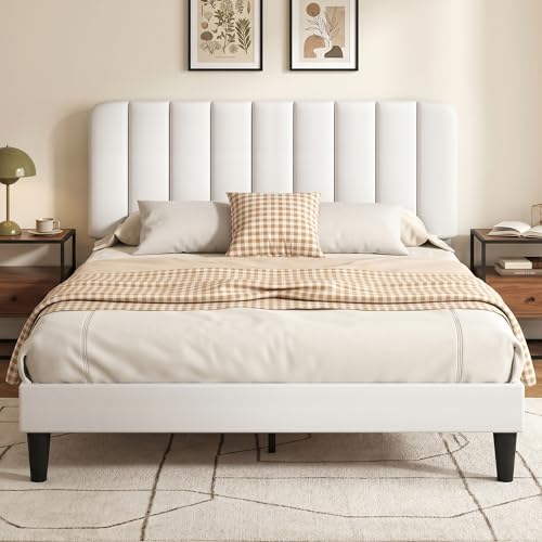 VECELO Full Size Bed Frame with Upholstered Headboard, Velvet Platform Bedframe Mattress Foundation, Strong Wood Slat Support, No Box Spring Needed,White - color: White, size: Full, style: Bed Frame