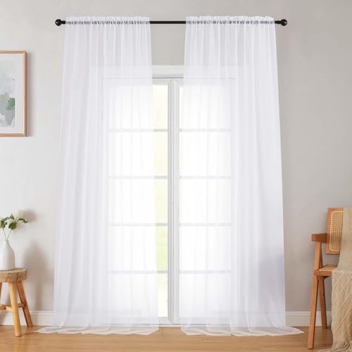 White Sheer Curtains for Bedroom Living Room 96 Inches Long 2 Panels, Modern Airy Soft Lightweight Rod Pocket Light Filtering Sheer Curtains Drapes, White, Each 42" Wx96 L Inch - color: White, size: 42"W x 96"L (Pack of 2)