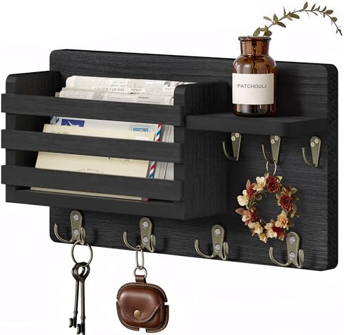 Key Holder Wall Mount, 16 Inch Pre-Assembled Key Hooks Rack with Shelf & Mail Holder for Wall, Wood Walls Organizer for Entryway, Living Room, Black - color: Black