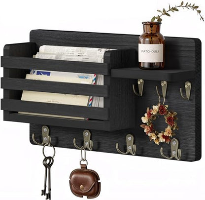Key Holder Wall Mount, 16 Inch Pre-Assembled Key Hooks Rack with Shelf & Mail Holder for Wall, Wood Walls Organizer for Entryway, Living Room, Black - color: Black