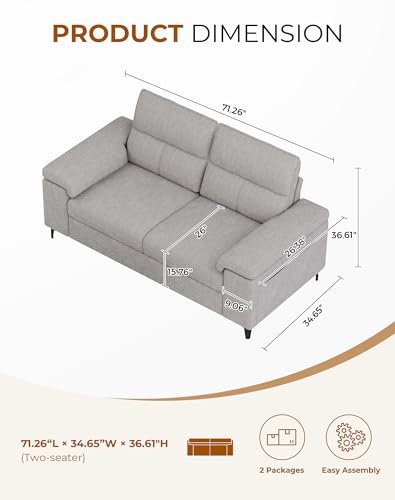 Upvilla 71.25" Modern Couches Deep Seat Sofa for Living Room(Light Gray) | 8” Cushion, Comfy 2-Seater Chenille Loveseat with Convertible Armrest, Removable Sofa Cover, High Leg - color: Light Gray, size: 71.25" Couch