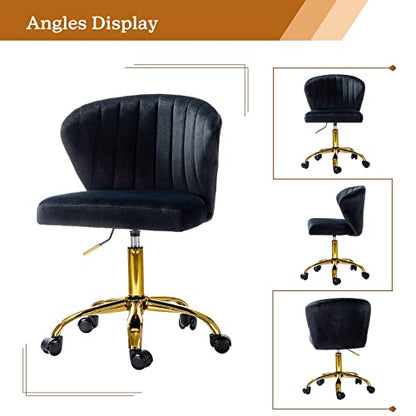 TINA'S HOME Office Desk Chairs with Wheels & Gold Base, Modern Velvet Cute Armless Office Chair, Adjustable Low Back Swivel Rolling Chair, Upholstered Task Chair for Living Room Vanity Study-Black | Modern Velvet Cute Armless Office Chair, Adjustable Low