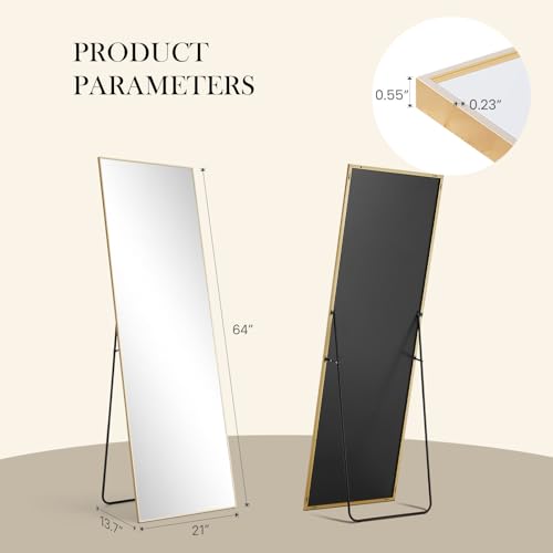 NEWBULIG Full Length Floor Mirror 64"x21", Body Standing Mirror | Wall Hanging or Leaning, Shatter-Proof Glass, Aluminum Alloy Frame with Stand, Home Decor Bedroom, Gold - color: Gold-rect, size: 64"L x 21"W