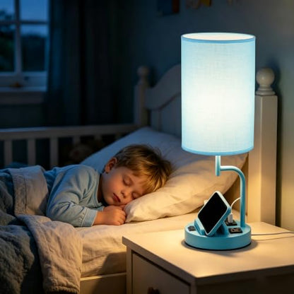 Dreamholder 2 Pack Table Lamp, Bedside Lamp with 3 USB Charging Ports & AC Outlet, USB Desk Lamp with 2 Phone Holders, Linen Fabric Shade Nightstand Lamps for Bedroom Living Room Office, Lake Blue - color: Lake Blue
