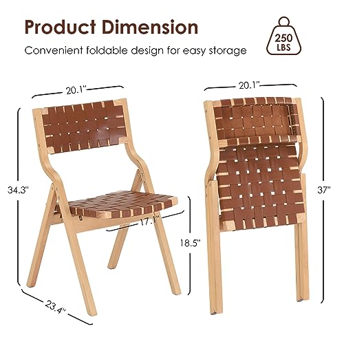 Wood Folding Chairs, Foldable Chairs Chairs Wooden Indoor Stackable Dining Chairs for Kitchen & Dining Room Chair Woven Seat & Webbing Back, Dining Chair Set of 2 - color: Brown/Natural, Pu Leather