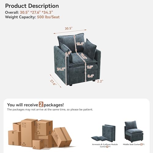 30" Cloud Modular Single Sofa Chair with Storage, Modern Upholstered Accent Chair Deep Seat, Chenille Reading Lounge Armchair for Living Room, Bedroom, Small Space, Blue - color: Blue, size: 30'' Accent Chairs