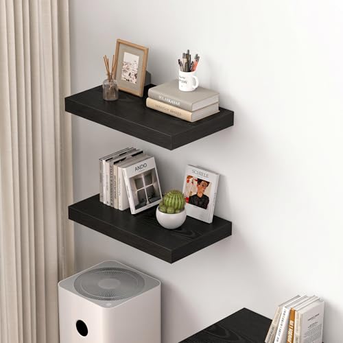 Dreamland 20" Floating Shelves for Wall, 12" Deep Thicker Black Floating Shelves, Wall-Mounted Shelves for Bedroom, Living Room, Kitchen, Bathroom - Set of 2 - color: Black, size: 20"W x 12"D x 2"H, Set of 2