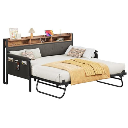 LIKIMIO Daybed with Trundle, Twin Bed Frame,Black | with Upholstered Headboard and Charging Station, Sofa Day Bed with Strong Supports for Living Room, Bedroom and Guest Room - color: Black