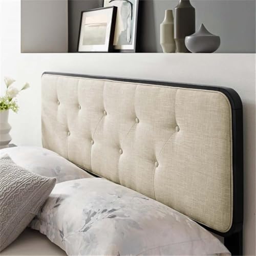 Pemberly Row Modern Full Headboard, 57" W x 48" H, Rubber Wood and MDF, Fabric Upholstered, Beige and Black Finish, Button Tufted, Dense Foam Padding, Mid-Century Style Bedroom Furniture - color: Black and Beige, size: Full
