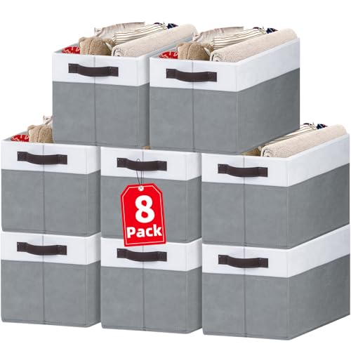 Large Storage Baskets 8 Pack Versatile Fabric Storage Bins for Closet Cabinet Wardrobe Nursery Pantry | Nursery Organizer Bins for Baby Diaper Toys Clothes | Housewarming Mothers Day Gift - color: White with Grey, size: 8pcs - Rectangular 14"x10"x9.5"
