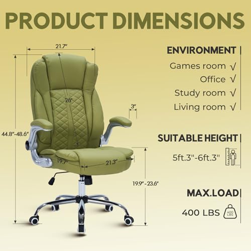 400lbs Executive Office Chair with Flip-Up Armrests, Big and Tall Computer Chair for Heavy People, Heavy Duty Ergonomic Comfy Chair, Breathable PU Leather (Green) - color: Green