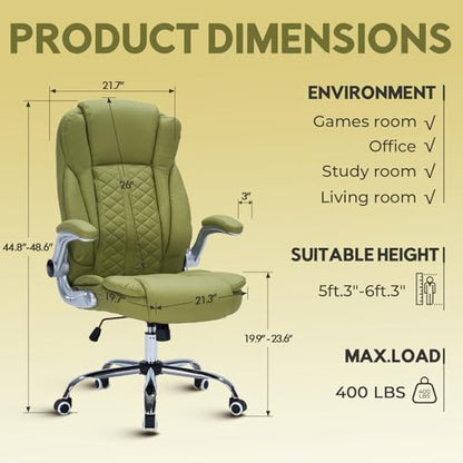 400lbs Executive Office Chair with Flip-Up Armrests, Big and Tall Computer Chair for Heavy People, Heavy Duty Ergonomic Comfy Chair, Breathable PU Leather (Green) - color: Green