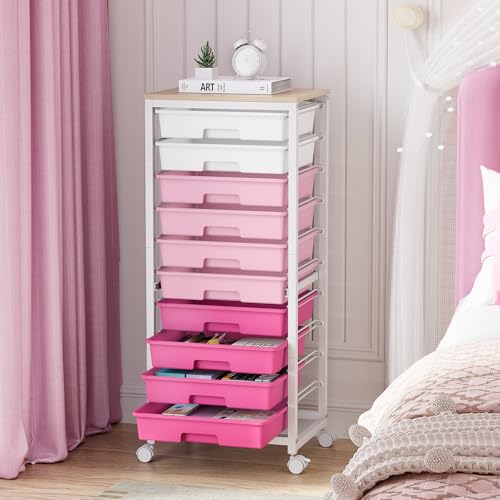 Sykiariol 10 Drawer Rolling Cart,Pink | Rolling Cart for Craft Storage,Storage Cart with Lockable Wheels and Wooden Tabletop for Classroom,Office,Living Room - color: Pink