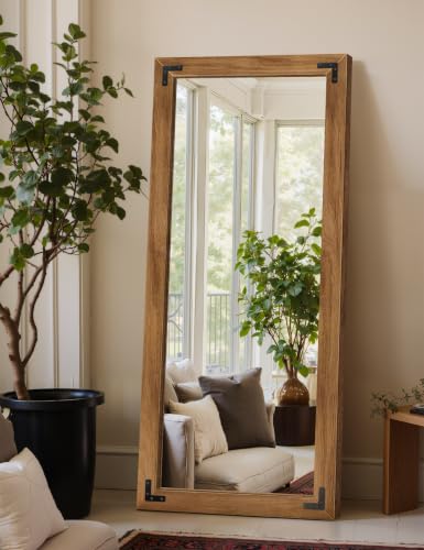 Wood Framed Full Length Mirror for Wall, 60"X25" Floor Standing Body Mirror | Solid Wood Frame, HD Shatterproof Glass, Hanging or Leaning Mirror for Bedroom, Living Room, & Entryway - size: 60"L x 25"W