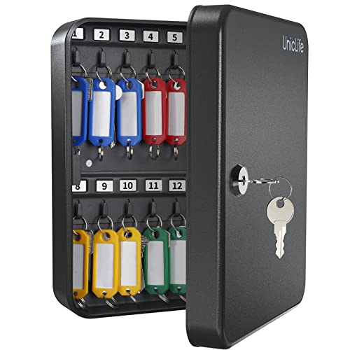 Uniclife Steel Key Cabinet Wall Mounted Organizer - 28 Keys, 2 Unlocking Keys - Black Frosted Security Box with Hooks and Color-Coded Labels - color: Black, size: 28-Key