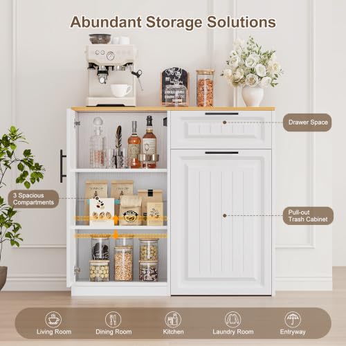 ZIFTY Pull Out Trash Can Cabinet with Storage, 13 Gallon Trash Can, White | Pet Proof, Freestanding Kitchen Cabinet, Drawer & Adjustable Shelf, Garbage Recycling, Modern Farmhouse Waste Bin Furniture - color: White, size: 34.3"W X 16.3"D X 33.5"H