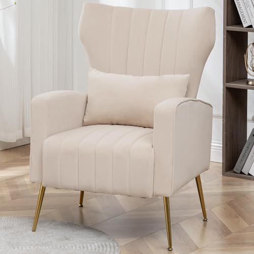 Modern Accent Chair Upholstered Living Room Chair,High Back Arm Chair with Metal Legs Lumbar Reading Chair for Bedroom, Apartment, Small Spaces Velvet Beige - color: B-beige, size: Set of 1