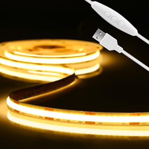 Meliya COB LED Strip Light, 5V USB LED Strip Light, 6.6ft Bright Daylight White Flexible Dimmable Light Strip for Display Cabinet, Living Room, TV Cabinet, Mirror, Kitchen Cabinet, Bedroom
