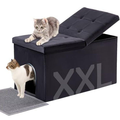 MEEXPAWS Cat Litter Box Enclosure Furniture XXL Velvet Lift Design Lid | Extra Large Hidden Cat Washroom Bench Ottoman, Storage Cabinet Dog Proof, Urine Proof, Easy Clean, Quick Assembly, Black - color: Black, size: XXL 35.4'' x W19.7'' x H19.7''