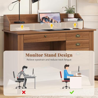 4 EVER WINNER Desk with Drawers, 47'' Small Desk with Monitor Stand and File Drawer, Computer Desk with Storage for Bedroom, Living Room, Small Spaces, Walnut - color: Brown