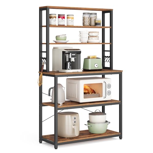 VASAGLE Coffee Bar, 31.5 Inches 6-Tier Baker's Rack with 6 Hooks | Modern Basic Microwave Stand, 31.5 x 15.7 x 65.7 Inches, Rustic Brown and Ink Black, BARNET Collection UKKS019B01 - color: Rustic Brown + Ink Black, size: 31.5"W, style: No Power Outlet