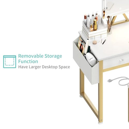 Lufeiya Small Makeup Vanity Desk with Mirror and Light, 32 inch White Vanity Desks Sets with Fabric Drawers for Girls Teen, Dressing Table and Chair Set with Power Outlet for Bedroom, White Gold - style: White Gold