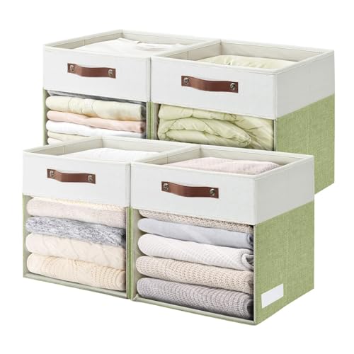 Storage Cubes, 4 Pack Linen Foldable Storage Bins with Clear Window and 2 Handles, 13x15x13 for Shelf Closet, Kallax, Clothes, Books - Green/Off-White - color: Green / Off-White, size: 13 x 15 x 13
