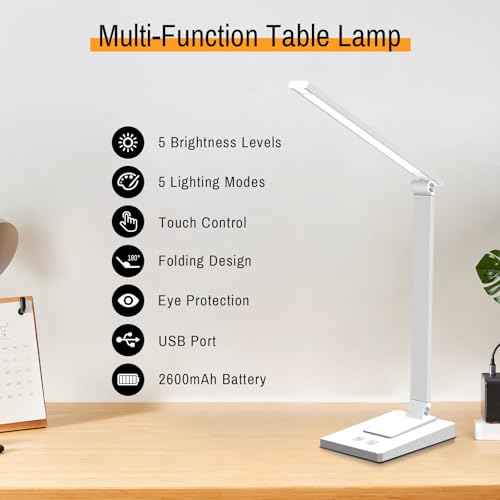 Rechargeable LED Desk Lamp, 5 Color Modes with 5 Brightness | 800LM 2600mAh Reading Table Lamp, Aluminum Bedside Lamp with USB Charging Port for Study Home Office, White - color: White