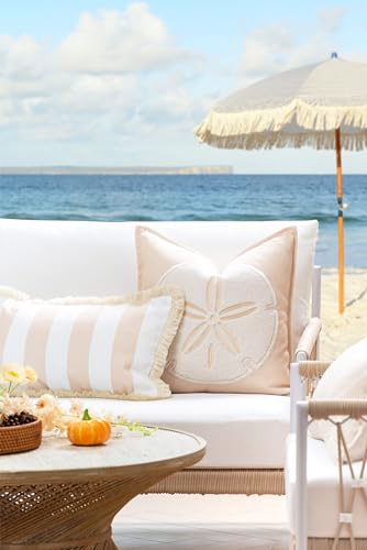 Hofdeco Premium Fall Coastal Patio Indoor Outdoor Lumbar Pillow Cover Only, 12"x20" Water Repellent for Backyard, Couch, Neutral Tan Stripe Fringe - color: Neutral Tan Stripe 12"x20"