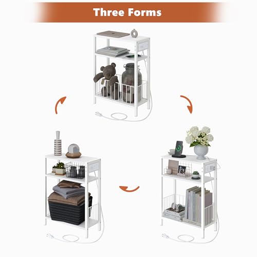 TRIFEBLE Narrow Side Table with Charging Station, Small End Table for Small Spaces, Slim Nightstand with Storage Basket, 3 Tier Skinny Bedside Table for Living Room, Bedroom, White - color: White
