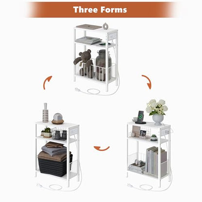 TRIFEBLE Narrow Side Table with Charging Station, Small End Table for Small Spaces, Slim Nightstand with Storage Basket, 3 Tier Skinny Bedside Table for Living Room, Bedroom, White - color: White