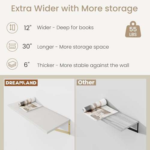 Dreamland Wall Mounted Floating Shelves Set of 2, 30x12, White&Gold | Engineered Wood, Visible Bracket, Large Storage, Hold Up to 55lbs, Living Room, Bathroom, Bedroom, Kitchen - color: White&gold, size: 30"W x 12"D