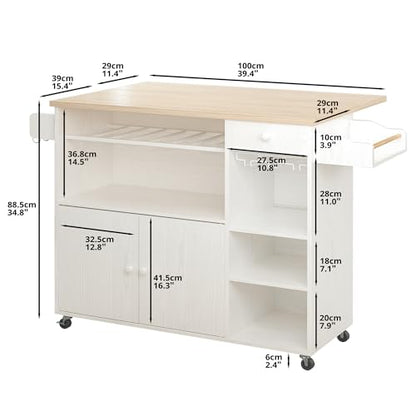 IRONCK Rolling Kitchen Island Cart with Drop-Leaf and Wine Rack, White | Wheels, Drawers, Open Shelves, Adjustable Shelves, and Spacious Drawer Storage - color: White