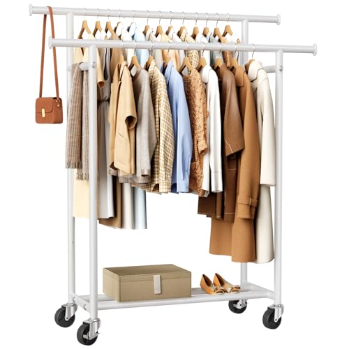 HYSEYY Clothes Rack, Double Rods Rolling Clothing Rack for Hanging Clothes, Portable Garment Rack with Wheels, Coat Rack Wardrobe Closet Load 240 LBS for Bedroom Laundry Room (White, L) - color: White, size: L