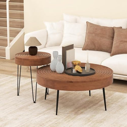 Giantex Boho Round Coffee Table Set of 2, Sofa Side Nesting Table with Solid Pine Wood Top, Metal Legs & Adjustable Foot Pads, 31.5" D Large Table Set for Living Room (Ring Pattern, Brown) - color: Brown, style: Ring Pattern