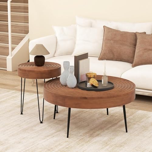 Giantex Boho Round Coffee Table Set of 2, Sofa Side Nesting Table with Solid Pine Wood Top, Metal Legs & Adjustable Foot Pads, 31.5" D Large Table Set for Living Room (Ring Pattern, Brown) - color: Brown, style: Ring Pattern
