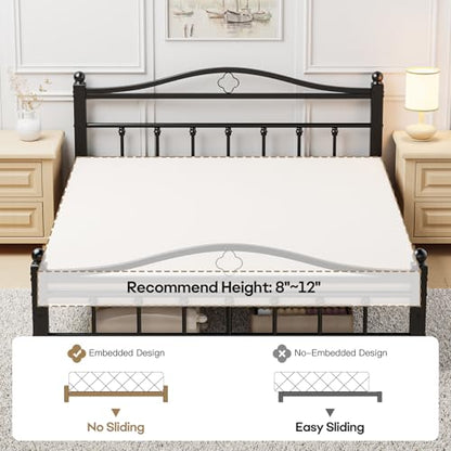 Metal Queen Bed Frame with Headboard | 1500LBS Heavy Duty, With Footboard, No Box Spring Needed, Noise Free, 12'' Under-Bed Storage, Tool-Free Assembly - size: Queen