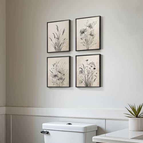 Framed Vintage Floral Botanical Wall Art for Bathroom, 4 Piece 8x10 In | Rustic modern farmhouse wall decor, Waterproof canvas prints, Neutral flower pictures, Kitchen bedroom hallway home decor - color: Misty - Black Framed, size: 8" W x 10" H x 4 pcs