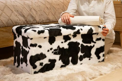 Luxe Faux Fur Storage Ottoman, Cowhide Black/White, 30 x 15 x 15 in | Engineered Wood, Tool-Free Assembly, Modern Style, Seat And Footrest - color: Cowhide Black/White, size: 30"D x 15"W x 15"H