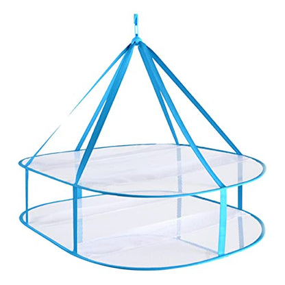 2 Tier Folding Drying Rack, Folding Mesh Clothes Hanging Dryer, Portable Windproof Hanging Laundry Racks with Fixing Band for T-Shirt, Swimsuit, Underwear Outdoor Indoor