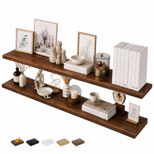 RICHER HOUSE 55 Inch Long Floating Shelves, 12" Deep Wood Wall Shelf, Brown | Wide Wall Shelves for Bedroom Kitchen Bathroom Wall Mounted Shelves, Wooden Bookshelf with Invisible Bracket, Brown, 2 Pack - color: Brown, size: 55in