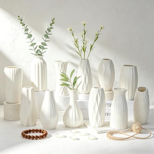 BEAHOT Ceramic Bud Vase Set of 12 - Glossy White Bud Vases: Unique Glazed Mini White Centerpiece for Flowers, Weddings, DIY Floral Decor - Boho & Modern Home Table Styling, Gift Ready - size: 12pack Glazed White