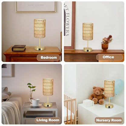 Gold Bedside Lamps Set of 2, Touch Control Night Stand Lamp for Bedroom with Rattan & Linen Shade & Bulbs, 3 Way Dimmable Small Boho Table Lamps with USB Charging Port & Phone Stand - color: Gold-2pack