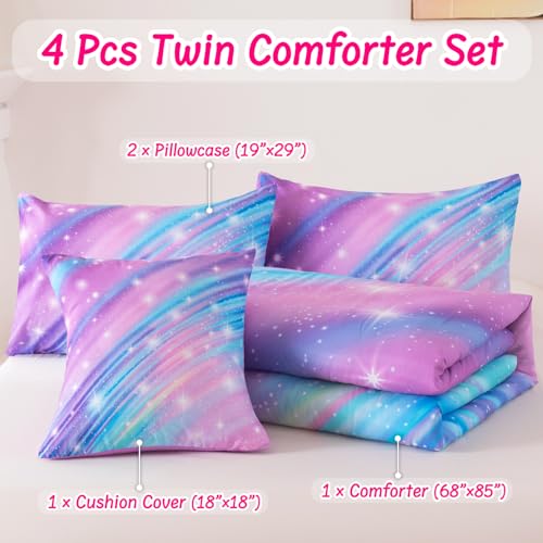 Twin Bedding Set for Girls, Glitter Rainbow Comforter Set for Girls, Galaxy Purple Bedding Sets Twin Size - color: Purple, size: Twin-4pcs