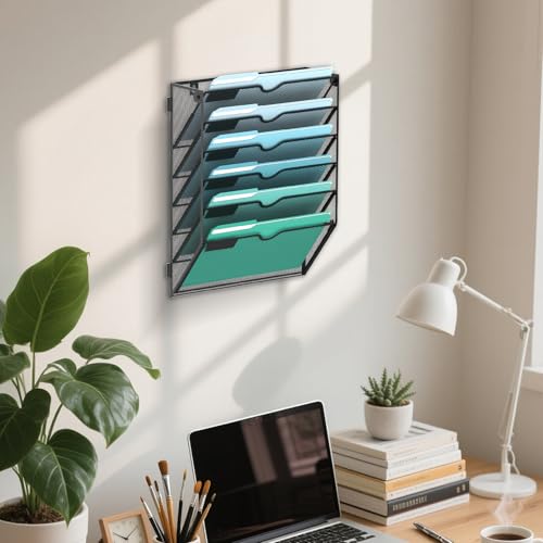 6-Tier Wall File Organizer, Hanging File Holder, Wall Mounted Mail Sorter | Metal Mesh Hanging File Organizer with Open Compartments and Label Panels for Papers and Folders at Home, Office or School - size: 6-Tier
