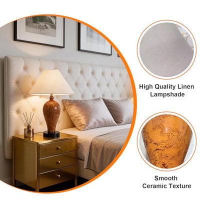 Ceramic Table Lamp, Rustic Orange Glaze Bedside Lamp with Linen Shade, Minimalist Accent Lamp for Bedroom Living Room