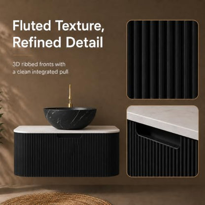 24" Floating Bathroom Vanity with Sink, Wall Mounted Plywood Cabinet, Black Fluted Front, Sintered Stone Countertop, Black Marble-Look Ceramic Bowl Vessel Sink, Soft-Close Drawer, Pre-Assembled - color: Black Cabinet / Black Marble Bowl Sink, size: 24 Inc