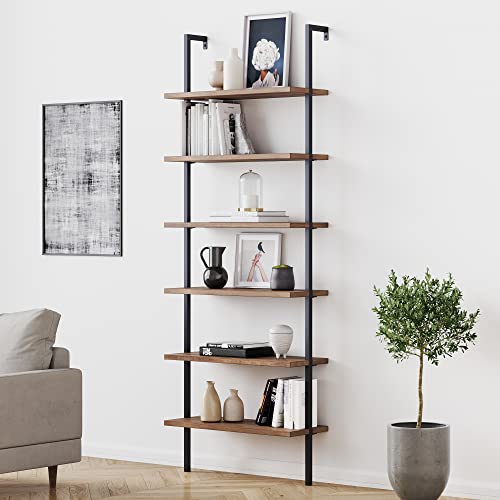 Nathan James Theo 6-Shelf Tall Bookcase, Wall Mount Bookshelf with Reclaimed Wood and Industrial Metal Frame, Oak/Black - color: Oak/Matte Black, size: 1